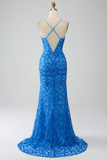 Blu Sirena Spaghetti Straps Paillettes Abito Lungo Prom